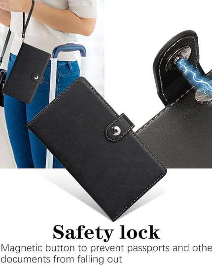 Passport Holder for Travel Essentials, RFID Blocking PU Leather Wallet Cover with Wristlet Strap Magnetic Closure Passport Book Holders Case for Women and Men, Black