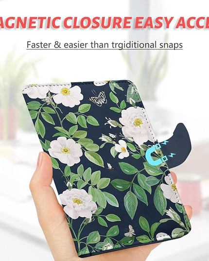 Passport Holder, Travel Wallet Cover with Pen Loop | Cute RFID Blocking Leather Case with Magnetic Closure for Travel Essentials-flower