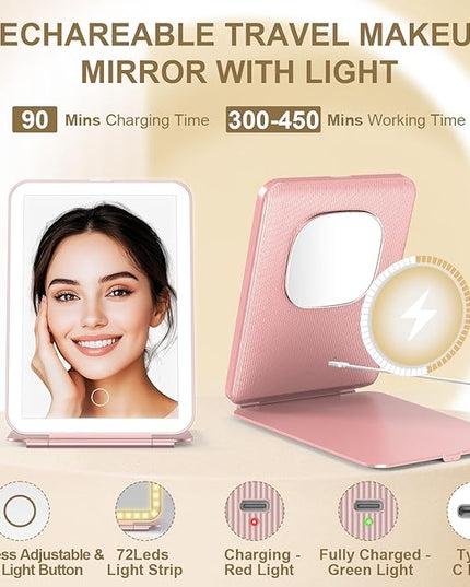 LED Foldable Travel Makeup Mirror - 5x7 inches 3 Colors Light Modes USB Rechargeable Touch Screen, Portable Tabletop Cosmetic for Travel, Cosmetic, Office (Rose Gold)