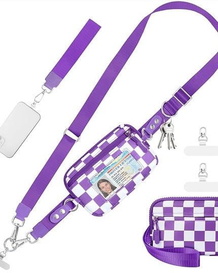 Clip and Go Strap for Phone with Wallet Crossbody Phone Lanyard and Detachable Checkered Bag with ID Window and RFID Pouch for Daily Travel.