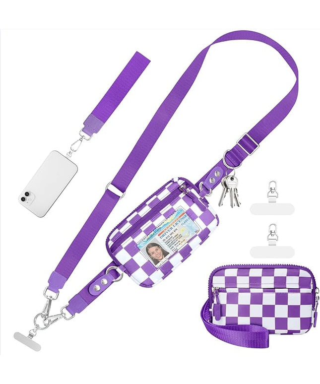 Clip and Go Strap for Phone with Wallet Crossbody Phone Lanyard and Detachable Checkered Bag with ID Window and RFID Pouch for Daily Travel.