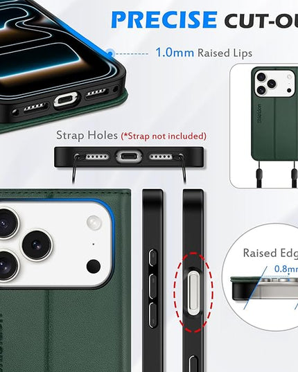 SHIELDON Genuine Leather Wallet Case for iPhone 17 Pro 6.3" 2025 | Flip | Kickstand | RFID Blocking Credit Card Holder | Magnetic | Shockproof TPU Inner Phone Shell | Evergreen