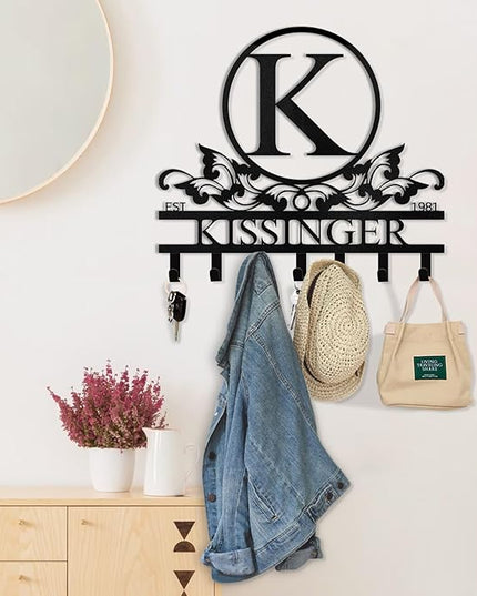 Dyoart Personalized Key Holder Wall Mount - Custom Family Name Key Holder for Wall, Metal Key Rack Hook Organizer, Coat Rack, Key Hanger Wall Decor for Kitchen, Entryway, Hallway, Bedroom