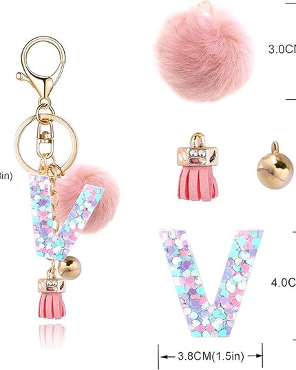 Resin Alphabet Initial Letter Keychain Keyring for Women Purse Handbags With Fur Ball Pom