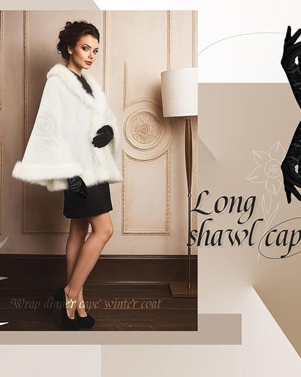 Zhanmai 2 Pcs Winter Long Shawl Cloak Stretchy Glove Opera Bridal Dance Gloves for Women Dress Party Coat