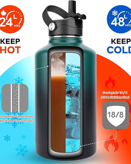 Water Bottle Insulated 32oz 40oz 64oz 128oz Straw Lid Spout Lid & 3 Lids, Leak Proof, Vacuum Insulated,Stainless Steel Water Bottle Wide Mouth for Sports, Gym or Office