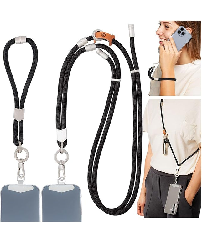 Pulpo 2 in 1 Anti Theft Phone Lanyard and Wrist Strap for iPhone and Android, Adjustable Cell Phone Leash and Universal Tether, Hands Free Strap for Travel Running and Everyday Use, Black