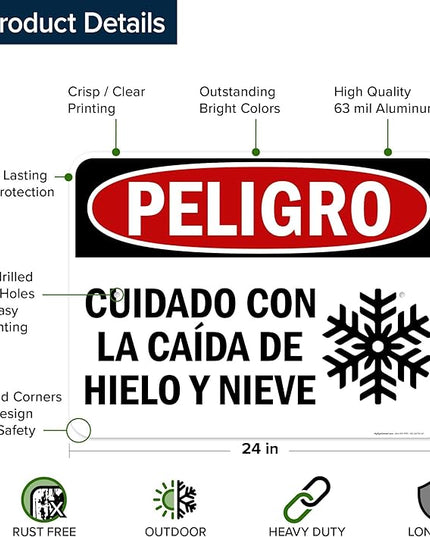 Danger Watch for Falling Ice and Snow Bilingual Sign, 18x24 Inches, Rust Free .063 Aluminum, Fade Resistant, Made in USA by My Sign Center