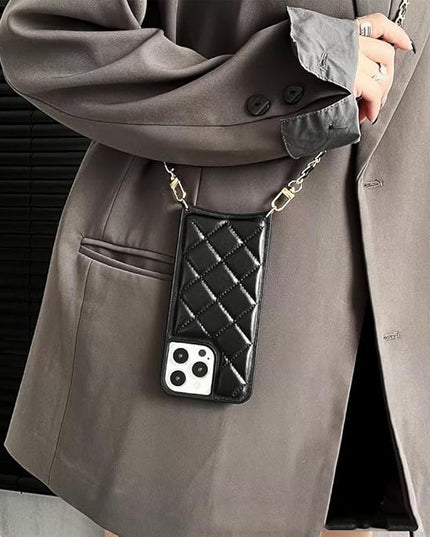 Phone Crossbody Chain Cell Phone Lanyard,Leather+Metal Shouder Strap Universal Abjustable Phone Chain Strap with Cellphone Tether Patches Compatible with Most Phones Bag Purse Silver+Black