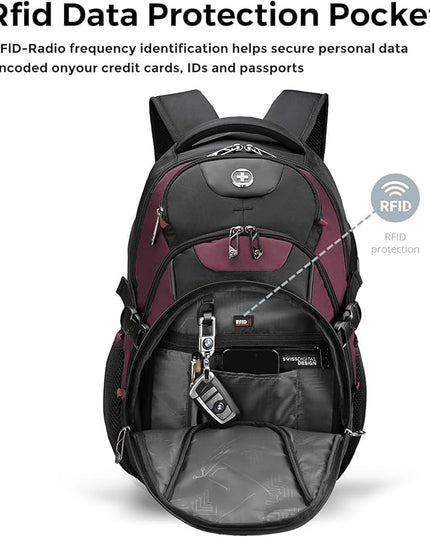 Swissdigital Design Laptop Backpack with USB Charging Port, Travel Backpack Fits 15.6 inches Computer, 31L College School Backpack for Women, Angola red/Black | SD803-44