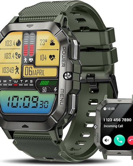 Military Smart Watches for Men (Answer/Make Calls), Waterproof Rugged Fitness Tracker with Blood Pressure/Heart Rate/SpO2/Sleep, Bluetooth Tactical Smart Watch for Android and iPhone, Military Green