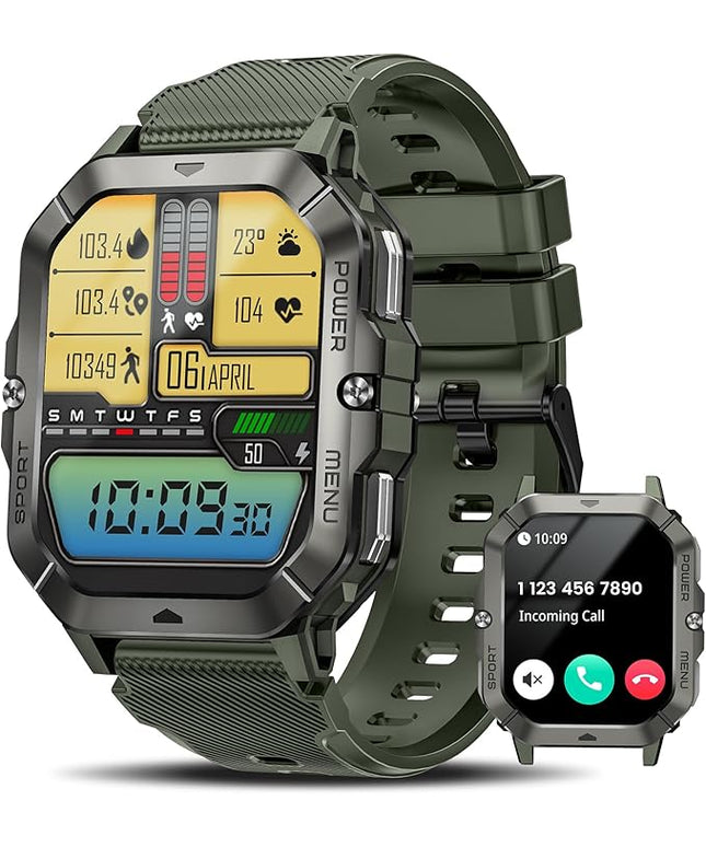 Military Smart Watches for Men (Answer/Make Calls), Waterproof Rugged Fitness Tracker with Blood Pressure/Heart Rate/SpO2/Sleep, Bluetooth Tactical Smart Watch for Android and iPhone, Military Green