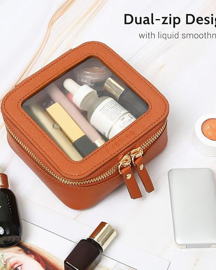 Aveniee Mini Clear Makeup Bag, Small Cosmetic Bags Travel Toiletry Pouch Organizer, TSA Approved Make up Case with Zipper, Car Bag for Essentials,Brown