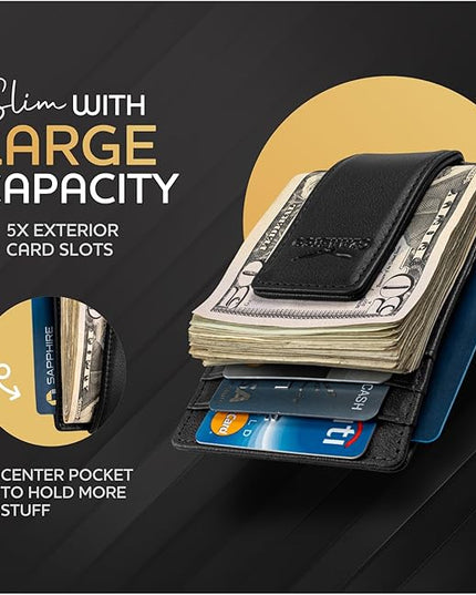 Money Clip Leather Wallet For Men Slim Front Pocket RFID Blocking with Super Strong Magnetic