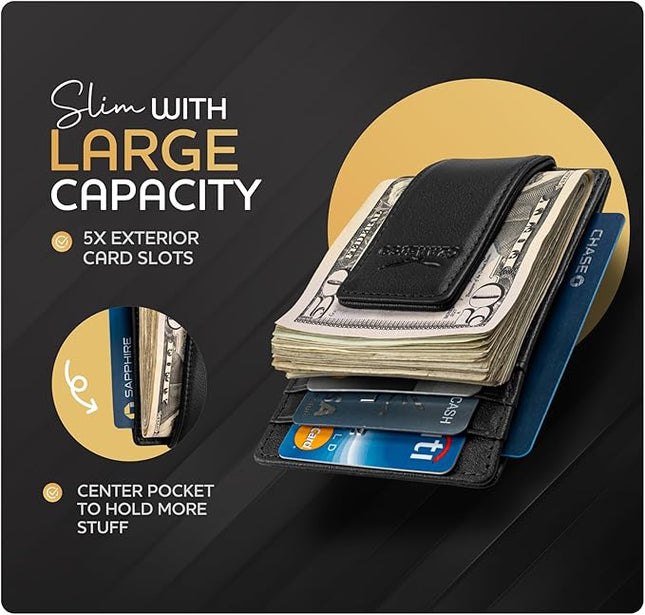 Money Clip Leather Wallet For Men Slim Front Pocket RFID Blocking with Super Strong Magnetic