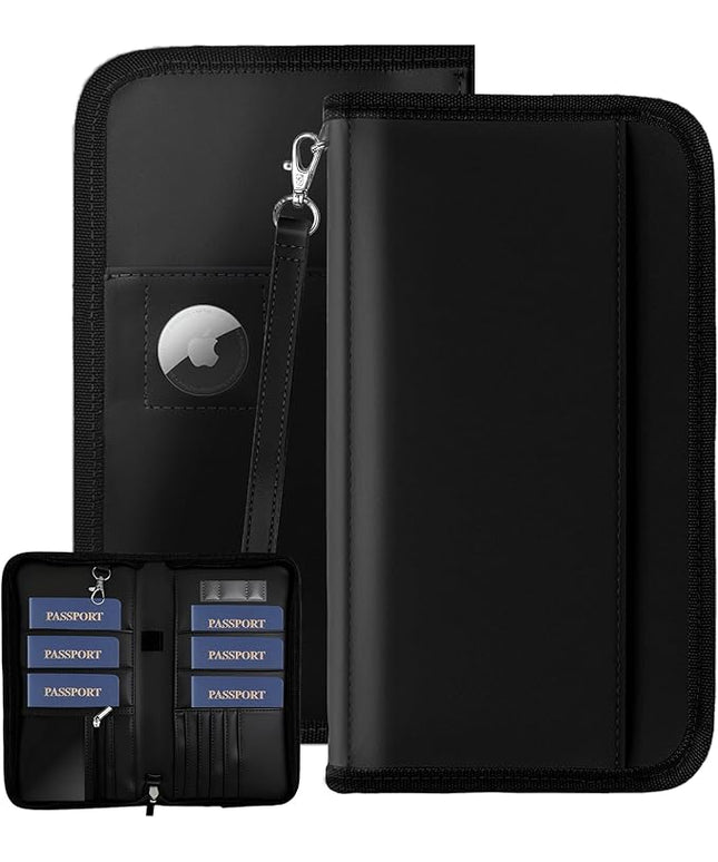 GOAUS Passport Holder with AirTag Slot, PU Leather Travel Document Organizer, Multiple RFID Blocking Wallet for Family of 4 to 6 Black