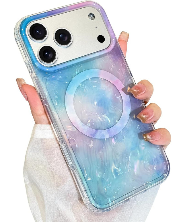 Cute Case for iPhone 17 Pro Case for Women Girls [Compatible with Magsafe] with Translucent Pearl Pattern Design, Aesthetic Girly Magnetic Protective Phone Cover, Blue