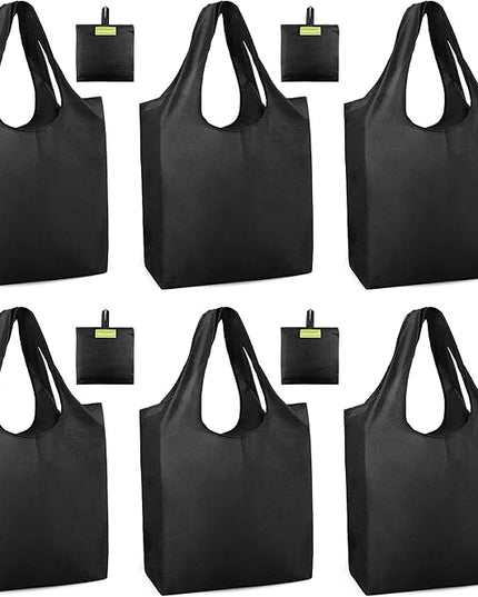 BeeGreen Black Tote Bag Shopping Bags for Groceries & Reusable Grocery Bag Heavy Duty, Large Tote Bag for Women, Foldable 6 Pack Gift Bags With Handles, Cute Cloth Washable for Holiday Travel & Bulk