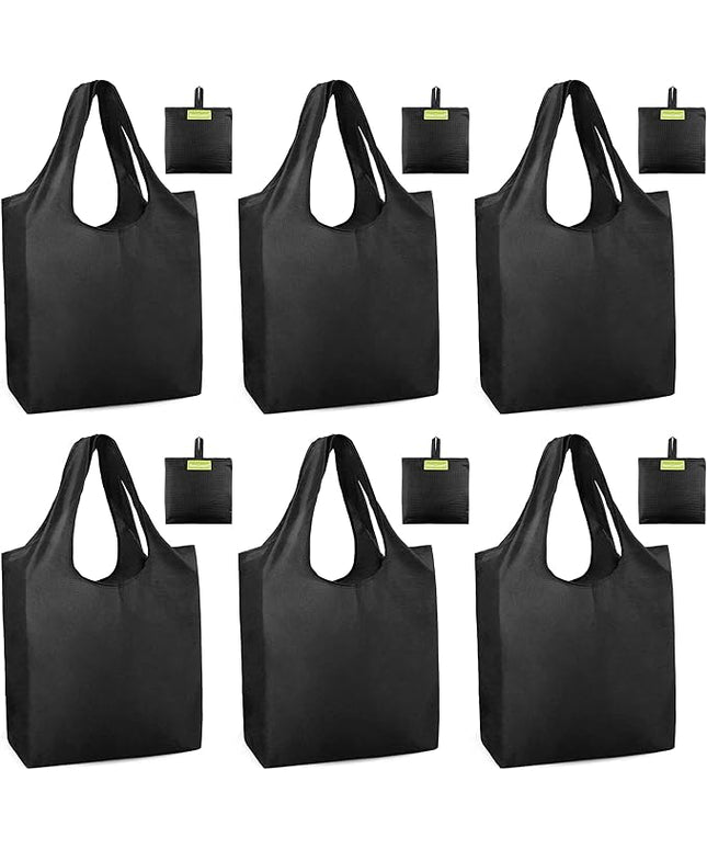 BeeGreen Black Tote Bag Shopping Bags for Groceries & Reusable Grocery Bag Heavy Duty, Large Tote Bag for Women, Foldable 6 Pack Gift Bags With Handles, Cute Cloth Washable for Holiday Travel & Bulk