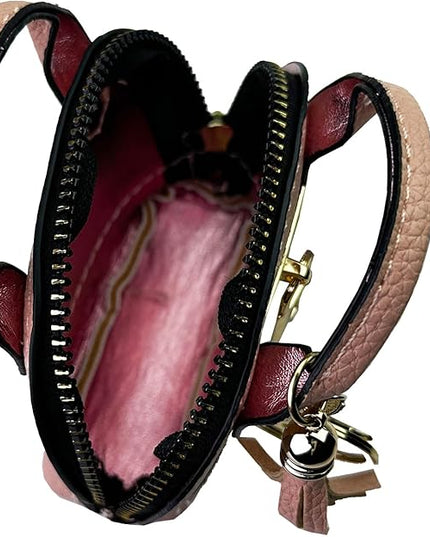 Cute Genuine Leather Keychain Coin Purse for Women with Tassels Mini Change Pouch Brown (Pink)