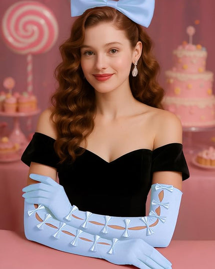 BABEYOND Lace Gloves for Women - Princess Gloves Long Stretchy Bow Mesh Tulle Sheer for Costume Opera Party