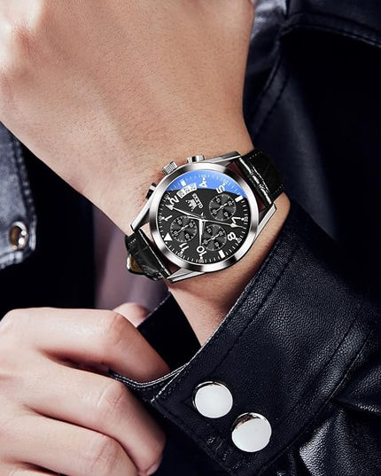 OLEVS Leather Chronograph Watch Men - Leather Strap (Brown/Black), Work Luminous Waterproof Analog Quartz Dress Wrist Watch with Blue/Black/Brown/White Dial