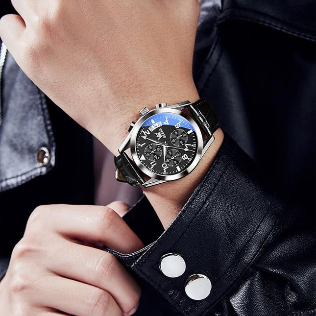 OLEVS Leather Chronograph Watch Men - Leather Strap (Brown/Black), Work Luminous Waterproof Analog Quartz Dress Wrist Watch with Blue/Black/Brown/White Dial
