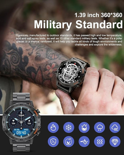 SUNKTA Military Smart Watch for Men(Answer/Dial Calls),100 Sports Modes, 5ATM Waterproof Fitness Watch with Heart Rate/SpO2/Blood Pressure for Android and iOS,1.39''HD DIY Screen Smartwatch Black