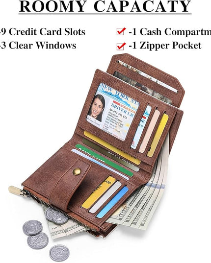FALAN MULE Small Wallet for Women Leather Bifold Compact RFID Blocking with ID Window