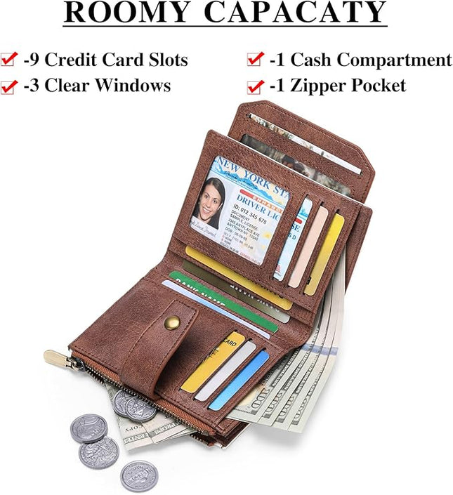 FALAN MULE Small Wallet for Women Leather Bifold Compact RFID Blocking with ID Window