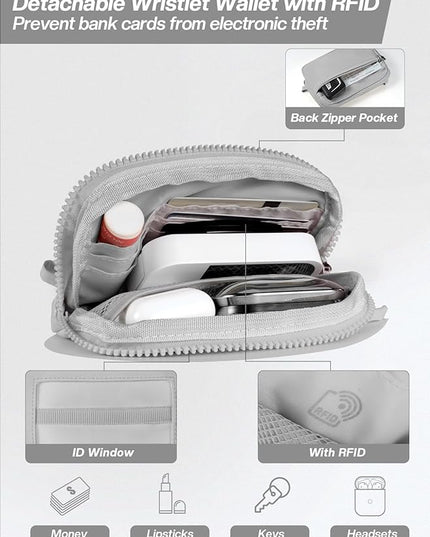 Clip and Go Strap for Phone with Wallet Crossbody Phone Lanyard Adjustable and Detachable RFID Wristlet Wallet with ID Window and Zipper, Grey