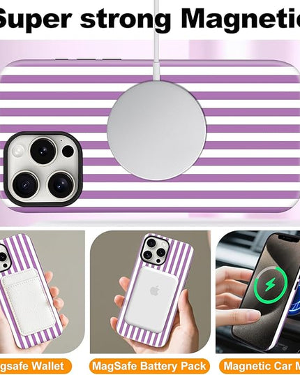 Magnetic for iPhone 17 Case Cute Stripes Phone Case, Shockproof Slim TPU and Hard PC Protective Phone Cover Compatible with MagSafe Designed for Women Girls, Purple