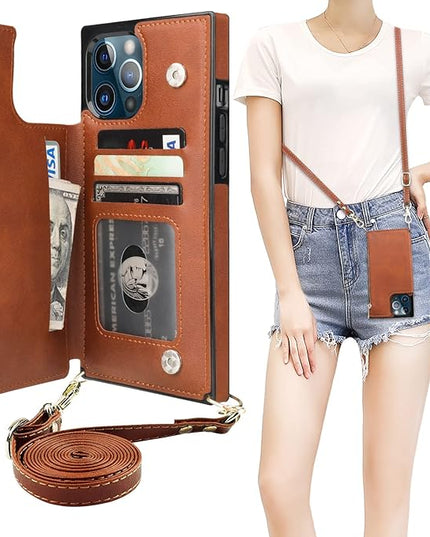 Bocasal Crossbody Wallet Case for iPhone 12 Pro Max with Card Holder,Zipper Card Slot Protector Shockproof Purse Cover with Removable Cross Body Strap 6.7 Inch(Brown)