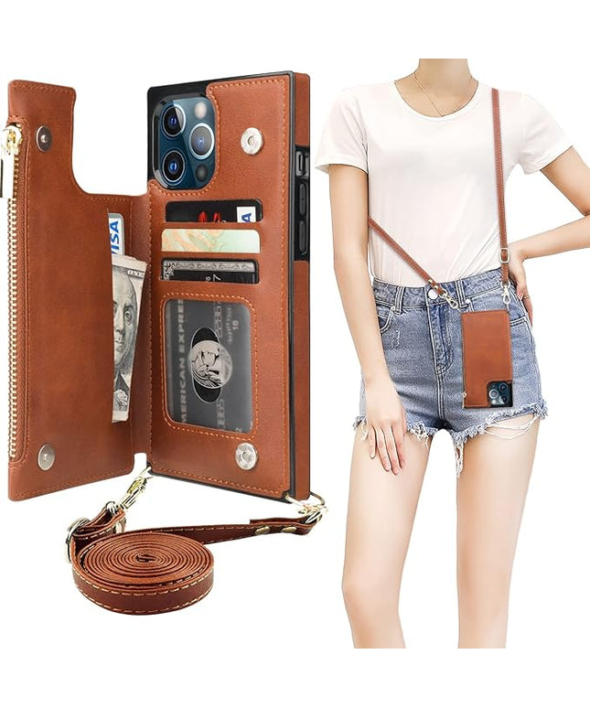 Bocasal Crossbody Wallet Case for iPhone 12 Pro Max with Card Holder,Zipper Card Slot Protector Shockproof Purse Cover with Removable Cross Body Strap 6.7 Inch(Brown)