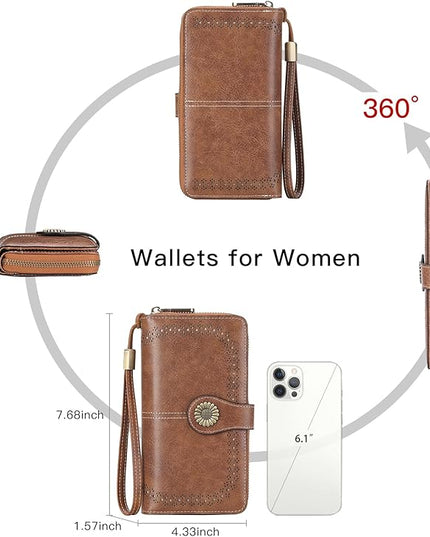 SENDEFN Wallet for Women RFID Blocking Leather Clutch Long Purse Large Capacity Credit Card Holder Wristlet