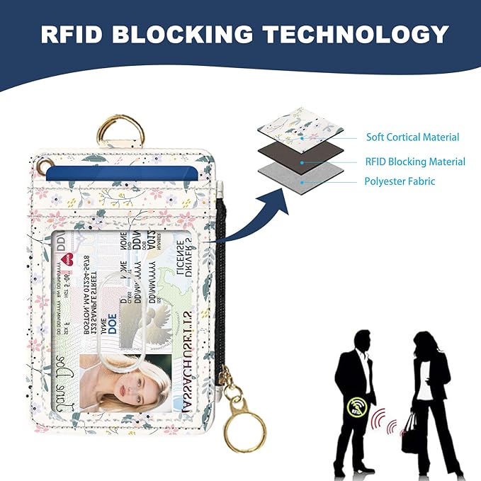 Slim Wallet Credit Card Holder, Green and pink floral print X, RFID Wallet Women Cute Small Front Pocket Wallet With Zipper, PU Leather Thin travel RFID Blocking Card Case ID Window ,Ladies Gifts