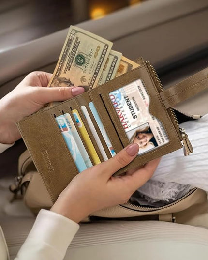 Blucoay Leather Wallet Women,RFID Blocking Small Wallet for Women Compact Card Holder Bifold Tassel Wallet Coin Purse With ID Window light khaki