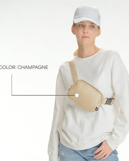 C.C Woven Vegan Leather Fanny Pack – Waist Bag with Adjustable Strap, Crossbody Belt Bag (Vegan Leather Woven - Champagne)