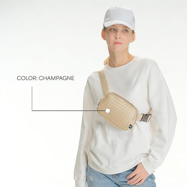 C.C Woven Vegan Leather Fanny Pack – Waist Bag with Adjustable Strap, Crossbody Belt Bag (Vegan Leather Woven - Champagne)