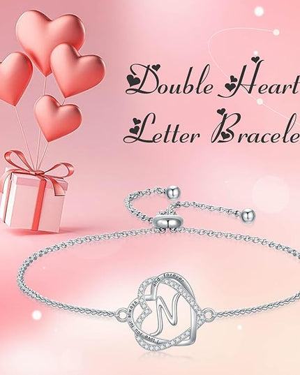 TOUPOP Gifts for Women Heart Initial Bracelet 925 Sterling Silver Double Heart Bracelet Birthday Jewelry Birthday Christmas Gifts for Her Wife Girlfriend