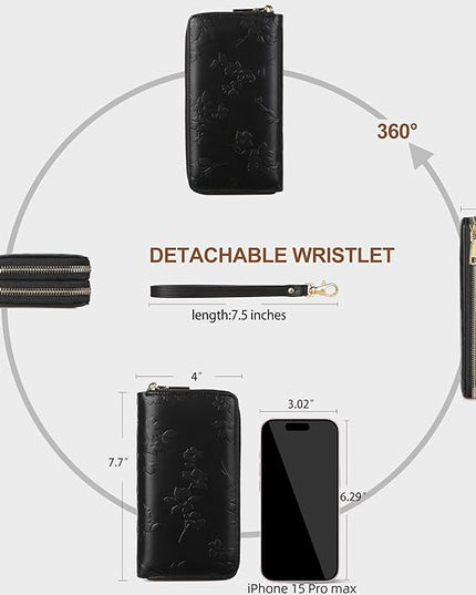 yiijay Womens Wallet RFID Blocking Large Capacity Leather Double Zip Wristlet Wallet Credit Card Phone Holder Ladies Clutch Purse Flora