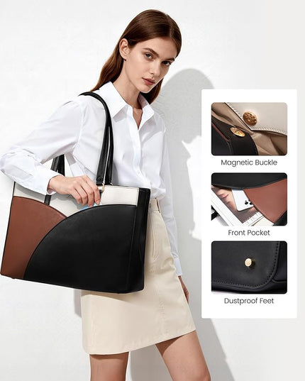 LOVEVOOK Laptop Bag for Women,17.3Inch Work Teacher Bags Leather Tote Bag Briefcase Waterproof Computer Bag for Women，Black-White-Brown