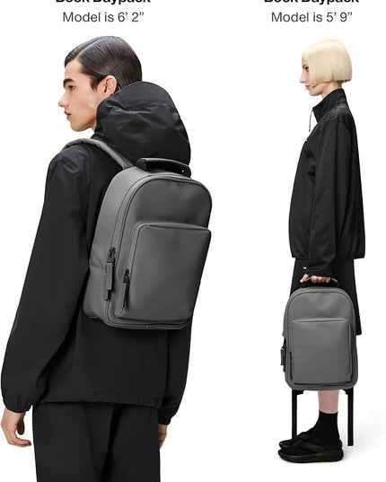 RAINS Book Daypack Regular Grey Laptop Backpack for Men and Women, Waterproof Black Minimalist Commuter Bag with 15”-16"