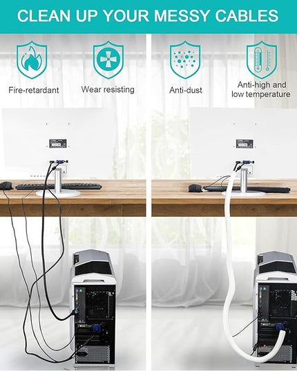 2 Pack 5ft - 1 inch White Cable Sleeve, Cable Organizer for Desk PC TV Computer, Wire Protector Cable Wrap Cover, Cord Management for Home Office