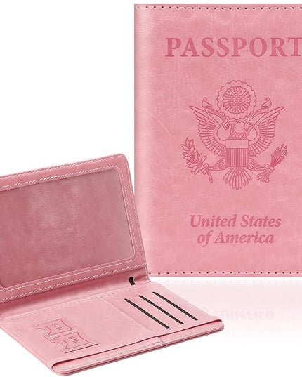 Passport Holder for Travel, RFID Blocking Passport Cover with Pen Holder Leather Passport Wallet Case Travel Must Haves Accessories Passport Book Card Holder for Family Travel Essentials Gifts, Pink