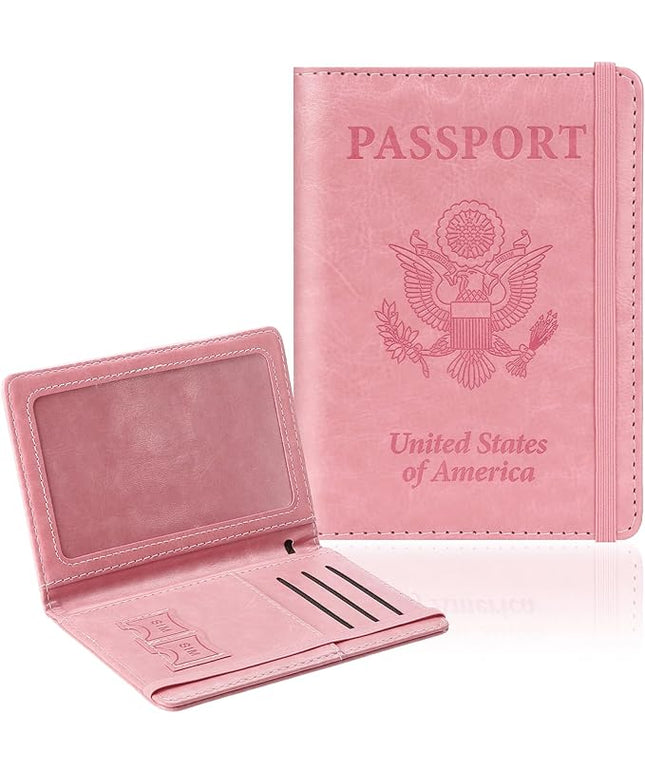 Passport Holder for Travel, RFID Blocking Passport Cover with Pen Holder Leather Passport Wallet Case Travel Must Haves Accessories Passport Book Card Holder for Family Travel Essentials Gifts, Pink