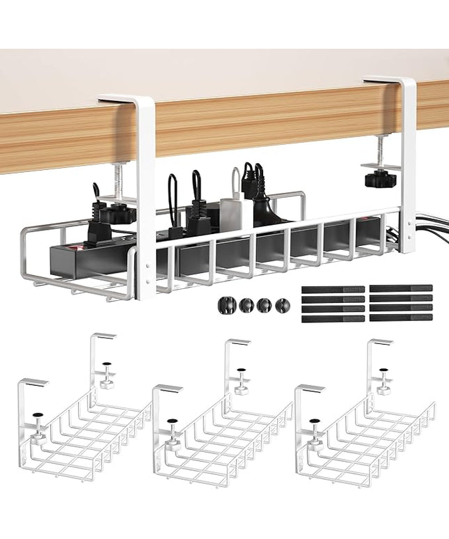 3 Pack Cable Management Under Desk Tray, 47.1" No Drill Under Desk Wire Management with Upgraded Clamp, Metal Cord Organizers with Cable Organizers, PC Cord Organization Rack, White