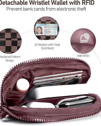Clip and Go Strap for Phone with Wallet Crossbody Phone Lanyard and Detachable Checkered Bag with ID Window and RFID Pouch for Daily Travel.