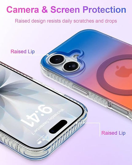 Aesthetic Case for iPhone 17 Case for Women Girls [Compatible with Magsafe] Cute Girly Trendy Glitter Sparkly Rainbow Magnetic Protective Phone Cover, Matte Iridescent Blue & Orange
