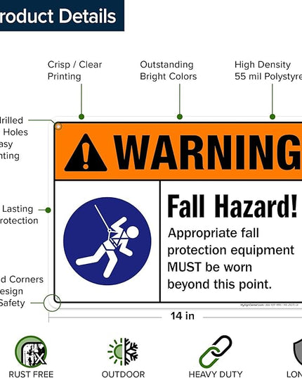 Warning Fall Hazard Appropriate Fall Protection Equipment Sign, 10x14 Inches, 55 mil thick HDPS (high density polystyrene), Made in USA by My Sign Center